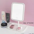White desktop LED makeup mirror with round corners and built-in storage tray 27x18.5cm - Square Mirror/Square Base / White
