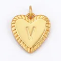 Gold-plated copper heart pendant with V-letter and radial texture design - Heart Letter V