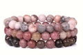 Stack of 6mm natural rose quartz and tiger eye stone beaded elastic bracelets set - 8mm Rhodonite & Red Vein & Pink Zebra Jasper