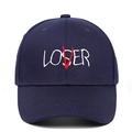 Detail of navy blue cotton baseball cap featuring white LOSER embroidery with a red V - Adjustable / Navy Blue