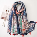 Blue and red paisley pattern cotton linen scarf with bohemian tassels laid on a white surface - SL1906-052 (Blue Red Paisley Tassel)