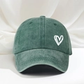 Dark green washed cotton baseball cap featuring a white hand-drawn heart embroidery - Dark Green