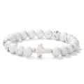 White marble bead bracelet with natural grey texture and central cross charm - White Turquoise