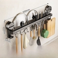 600mm Gunmetal Kitchen Wall Rack with 12 Hooks, Knife Slots, and Double Rod Design - Double Bar 60cm/12 Hooks/Gun Grey