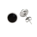 Detail of silver stud earrings featuring faceted black round crystals and butterfly backs - Silver Black Zirconia
