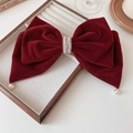 Velvet bow hair clip in burgundy with pearl rhinestones and hanging pearl drops - Spring Clips / Burgundy