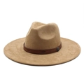 Classic khaki faux suede fedora hat with embossed leather band and vintage metal buckle - M (56-59cm) / Camel