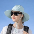 Light blue wide brim sun hat with pony tail hole and sport logo for outdoor hiking - Sky Blue