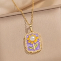 Collana vintage francese con ciondolo floreale quadrato viola e perla centrale - Cornice per Foto Girasole - Viola (A13 Viola)