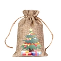 Christmas burlap drawstring gift bag with colorful tree and present box pattern - Xmas Tree & Gifts H-05 / 10*15cm