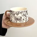 Vintage brown and beige ceramic coffee cup set with deer and flower pattern - Floral Deer / Brown