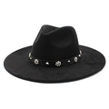 Classic black wide brim wool fedora hat with elegant pearl flower and metal stud trim - M(56-59CM) / Suede / Black