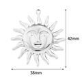 Detailed 38x42mm sun face pendant charm in silver polished stainless steel - Sun Face Style 1 / 2 Pcs/Set / Steel