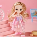 Movable joint blonde doll wearing pink satin lace dress and purple ribbon accents - Pink Princess Dress Girl