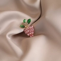Elegant strawberry brooch with pink crystals and green enamel leaves on silk fabric - 517# Radish