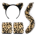 Faux fur leopard print cosplay set including cat ears headband, tail, and matching wristbands - New Leopard 4-Piece Set (with Wristbands)