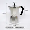 Classic aluminum 9-cup Moka pot in silver with black heat-resistant handle and dimensions - 450ml (9 Cups) / Single Valve / Silver