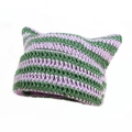 Handmade crochet cat ear hat featuring purple and green striped knit design for winter - One Size / Purple Green