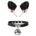 Détail du serre-tête oreilles de chat avec nœuds roses, cloches et tour de cou noir - Noeud Oreilles de Chat Et Choker Cloche / Noir