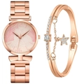 Rose gold watch and starry bracelet set featuring palm leaf pattern and crystals - Pink + Bracelet