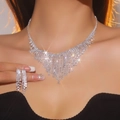 Luxury silver flower necklace and earrings set with shimmering crystals and tassels - Wide Chain Tassel Pave Style (DTN14027338S)