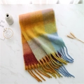 Flat lay of rainbow plaid tassel scarf on marble surface with decorative dry flowers - 240x38cm / Multicolored Gradient Plaid