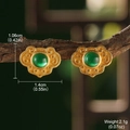 Detail view of retro Chinese style gold hollow earrings with green stones and dimensions - Matte Gold Emerald Gemstone (FB16428)