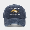 Detail view of Women Want Me Fish Fear Me 3D embroidery on washed cotton baseball cap - Navy Blue