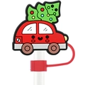 Wiederverwendbare 10mm Silikon-Strohhalmkappe mit rotem Auto und Weihnachtsbaum-Design - 03-Weihnachtsauto