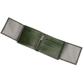 Detail view of open green leather wallet with multiple card slots and internal zipper pocket - Army Green Oiled Leather