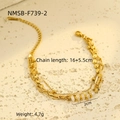 Detailed specs of a triple-layered gold bracelet with white beads on stone - Layered Chain Style (NMSB-F739-2) / Gold