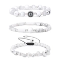 Three-piece set of white marble stone beaded bracelets with adjustable woven cord - Three-Piece Set / White Marble