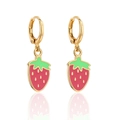 Macro view of 18K gold plated strawberry earrings with vibrant red enamel and green leaves - Red Strawberry (42020)