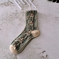 Retro teal green floral crew socks with vintage knit patterns and beige patchwork heel - One Size / Flower