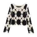Detailed close-up of retro crochet knit top featuring black floral patterns and scalloped edges - XS / Black