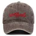 Washed cotton baseball cap in dark brown with red 'LOST MY HEAD' gothic embroidery - Coffee