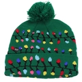 Macro detail of green Christmas knitted hat with LED lights and colorful bulb patterns - Green Christmas Lights
