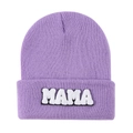 Close-up of lilac knitted beanie with white MAMA towel embroidery on the fold - Lavender