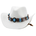 White Western cowboy straw hat with turquoise bead band and adjustable wind cord - M(56-58cm) / Pure White