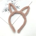 Detailed view of pink plush cat ear headband with soft fluffy texture and elastic band - Rabbit Ear / Long / Peach