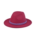 Detail of wide-brimmed magenta wool fedora with a decorative purple thick chain - Rose Red(06)