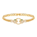 Luxurious gold-plated snake head bracelet with white zircons and green gemstone eyes - Double Snake Heads with Green Eyes