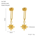 Detail view of 18k gold plated stainless steel star earrings with rhinestone and size info - Gold Octagram Dangle (ZE1585G)