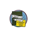 Detailed close-up of a round enamel library card brooch with colorful books and quotes - Having Fun Library Card Round