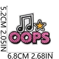 Detail view of OOPS embroidery patch with music notes and stars showing 5.2x6.8cm size - No. 36 (Oops Star)