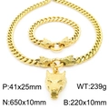 Conjunto dorado de collar y pulsera de eslabones cubanos con cabeza de lobo de acero - Collar 65cm + Pulsera 22cm / Juego Color Dorado (KS193228-K)