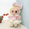 Labubu plush toy in yellow with a giant pink bow and heart patterned shawl outfit - White Princess Shoes + Pink Mink Velvet Cape Dress Three-piece Set / First And Second Generation Keychains Are Compatible With La Cloth Dolls. Dolls Not Included.