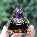 Detailed close-up of Orgone pyramid with purple crystal sphere and Aquarius zodiac symbol - YB18 Aquarius [5cm]