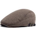 Men's wool flat cap in brown-grey herringbone pattern with side leather strap - Adjustable (56-59cm) / Herringbone Khaki