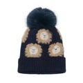 Detailed knit texture of a navy blue winter hat with cute lion patterns and fluffy pompom - M (52-54cm) / Navy Blue